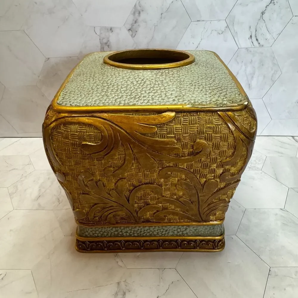 Vtg Tissue Box Cover Ornate Decorative Square Resin Baroque Scrolling Leaf EUC